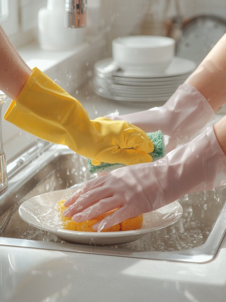 Best Cleaning Gloves for Easy Grip and Kitchen or Bathroom Use (2026) 2 cleaning gloves in action